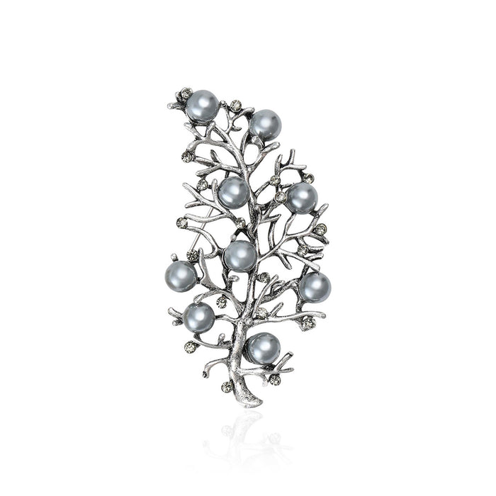 Openwork Leaf Branch Brooch With Faux Pearl Accents