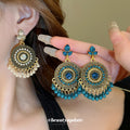 Ornate Round Beaded Drop Earrings in Blue and White view 1