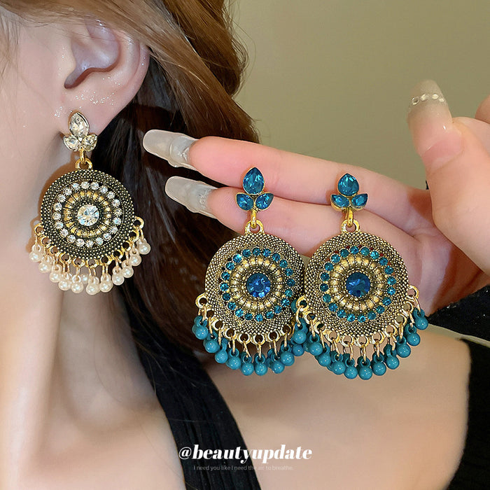 Ornate Round Beaded Drop Earrings in Blue and White