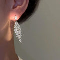 Silver Tone Crystal Wheat Leaf Long Cluster Drop Earrings view 2