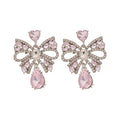 Silver Tone Crystal Bow Stud Earrings With Pink Teardrop Accents view 5