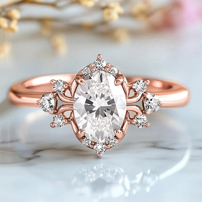Rose Gold Oval Clear Stone Crown Finger Ring Sizes 6-10