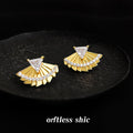 Gold Fan Triangle CZ Stud Earrings Pavé Crystal Arc view 1