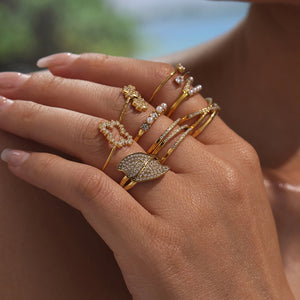 Open Stack Rings Zircon Pearl Flower Heart Leaf Gold Steel