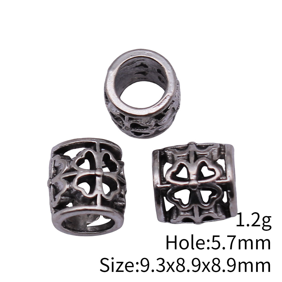9.3x8.9x8.9mm 1.2g Antique Silver Zinc Alloy Hollow Four Leaf Clover Large Hole Beads for DIY Bracelets