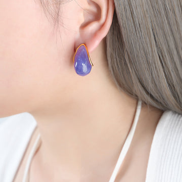 Teardrop Resin Stud Earrings Purple Or Amber Gold Silver