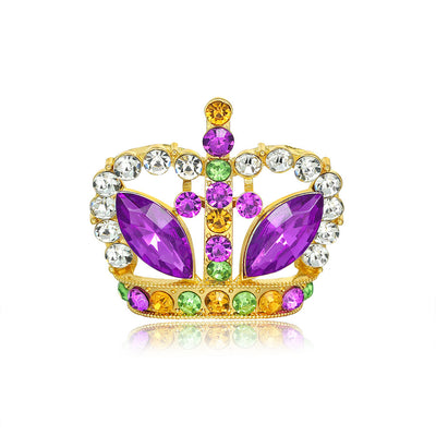 Front product view of the crown brooch pin in purple and gold
