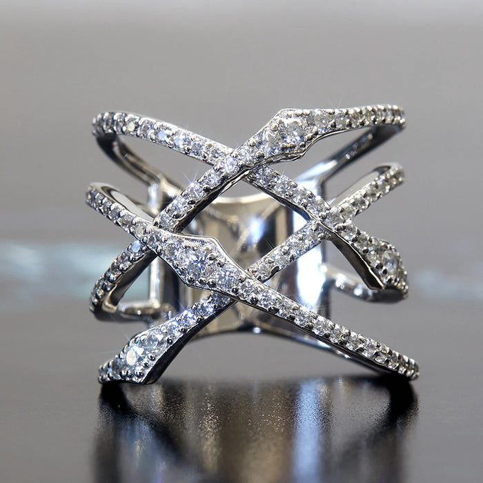 Silver-Tone Open Crisscross Statement Ring with Clear Stone Details