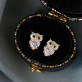 Clear Round Stone Owl Stud Earrings In Polished Gold Tone view 3