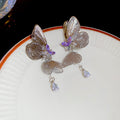 Silver Tone Butterfly Crystal Chain Tassel Stud Earrings view 1