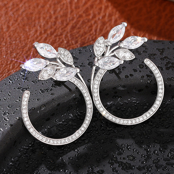 White Metal Marquise Leaf Open Hoop Stud Earrings Alloy