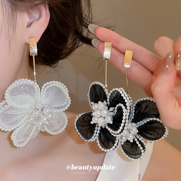 Fabric Flower Drop Earrings in Black and White Colorways