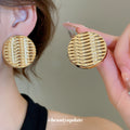 Gold Tone Woven Texture Round Stud Earrings Fashion Jewelry for Women view 1