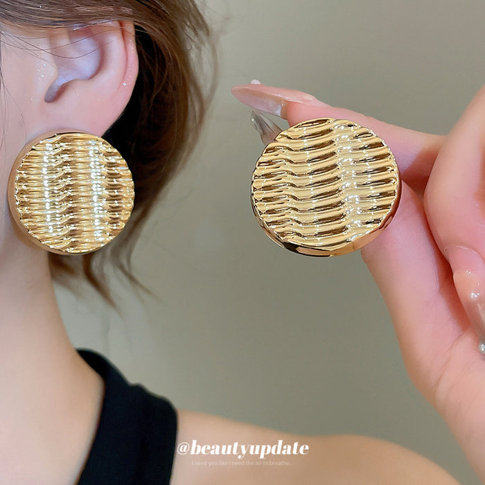 Gold Tone Woven Texture Round Stud Earrings Fashion Jewelry for Women