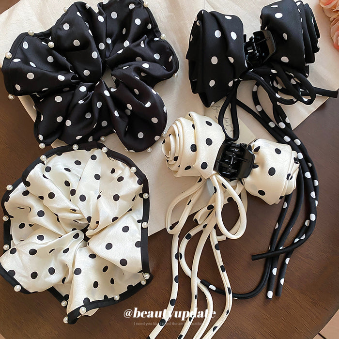 Polka Dot Satin Bow Claw Clips Ribbon Tails Black Cream