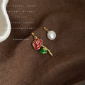 Asymmetric Red Enamel Rose Pearl Drop Earrings Gold view 3