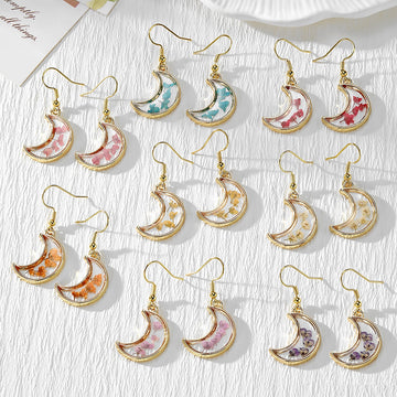 Gold Tone Crescent Moon Pressed Flower Drop Earrings in Eight Designs