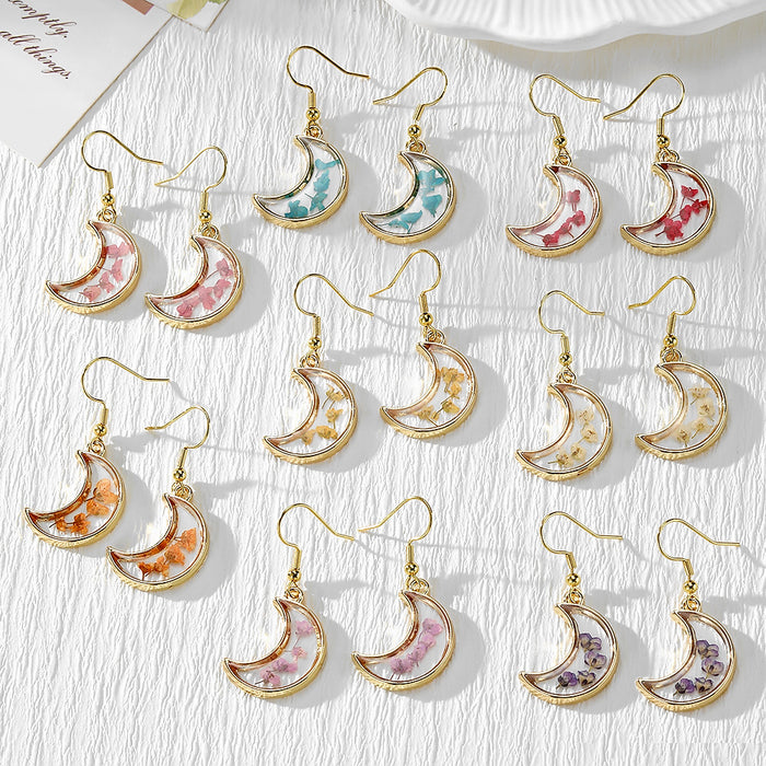 Gold Tone Crescent Moon Pressed Flower Drop Earrings in Eight Designs