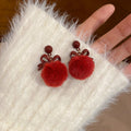 Bow and Faux Fur Pom Pom Stud Earrings in Taupe and Red view 7