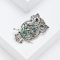 Antique Silver Owl Brooch Abalone Shell Body Black Stones view 3