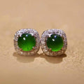 Silver Tone Green Oval Halo Stud Earrings Polished Metal Jewelry view 1