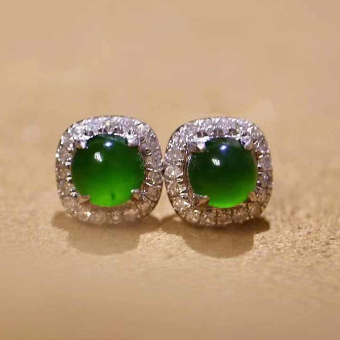 Silver Tone Green Oval Halo Stud Earrings Polished Metal Jewelry