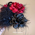 Black Satin Rose Feather Claw Clip Rhinestone Flower Clip view 4