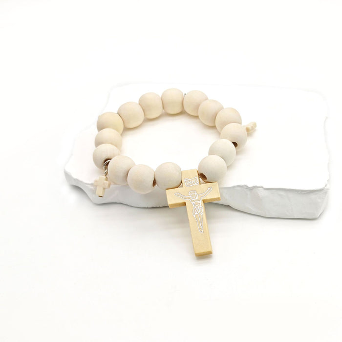 Natural White Wood Bead Crucifix Stretch Bracelet Charms