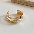 Open Cuff Bracelet with Wavy Dual Band and Three Pearl Accents view 1