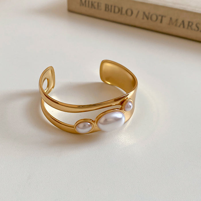 Open Cuff Bracelet with Wavy Dual Band and Three Pearl Accents