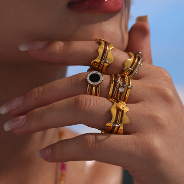Multi-Layer Wave Stack Rings Gold Steel Rose Black Zircon