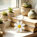 White Yellow Daisy Enamel Flower Keychain Silver Ring view 4