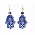 Gold Tone Printed Acrylic Hamsa Hand Evil Eye Hook Earrings in Eleven Designs view 9