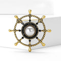 Pearl Ship Wheel Brooch in Detailed Metal and Crystal Design view 2