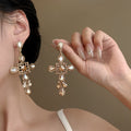 Crystal Cross Drop Stud Earrings in Silver or Champagne Gold Tone view 2