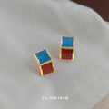 Blue Rust Two-Tone Enamel Geometric Colorblock Stud Earrings view 1