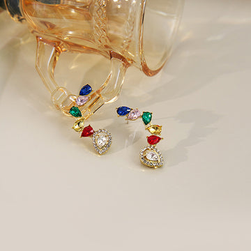Gold Multicolor Teardrop Gem Ear Climber Stud Earrings