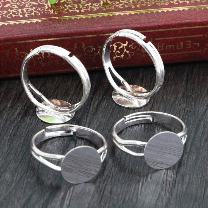 Silver Tone Adjustable Ring Blanks with Round Flat Pads