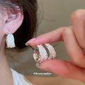 Crystal U-Hoop Earrings with Iridescent Drops with Polished Metal Details view 1