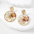 Gold Tone Round Pressed Flower Resin Drop Stud Earrings view 2