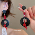 Red and Blue Wooden Flower Long Drop Earrings in Silver Tone view 2