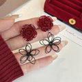 Red Rose Black Wire Outline Flower Long Dangle Stud Earrings view 3