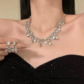 Silver Rhinestone Teardrop Necklace Bow Earring Sets view 1