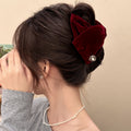 Velvet Triangle Bow Camellia Pearl Hair Claw Clip Red Black view 2