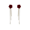 Red Velvet Rose Pearl Look Multichain Long Stud Earrings view 5