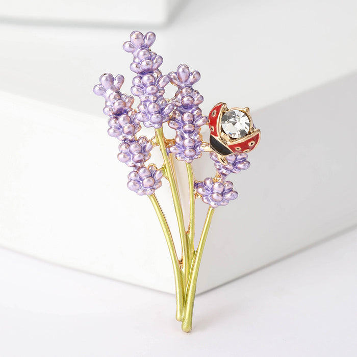 Purple Lavender Ladybug Crystal Brooch Green Stems