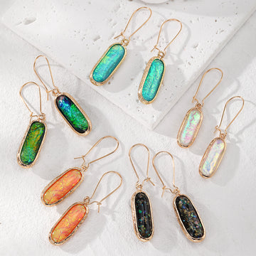 Oval Foil Glass Drop Earrings Textured Gold Frame 5 Colors