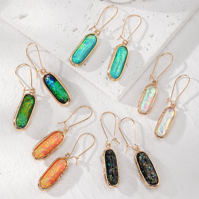 Oval Foil Glass Drop Earrings Textured Gold Frame 5 Colors