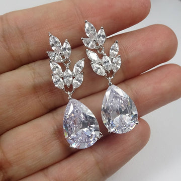 Leaf Cluster Pear Drop Dangle Earrings White Gold Tone