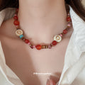 Red Orange Mixed Bead Spiral Shell Statement Necklace view 4